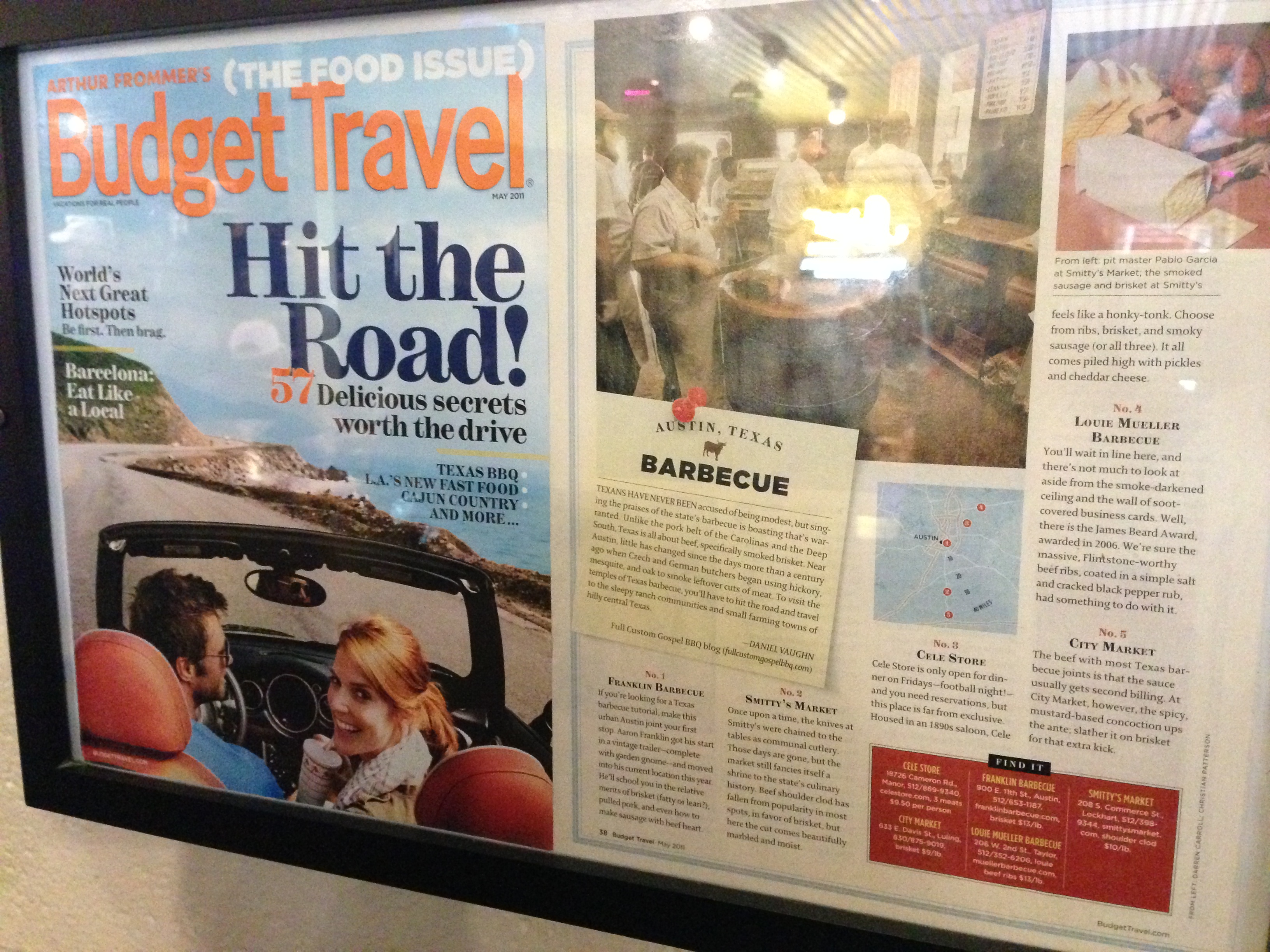 Budget Travel magazine feature on Texas BBQ, with Franklin prominently listed