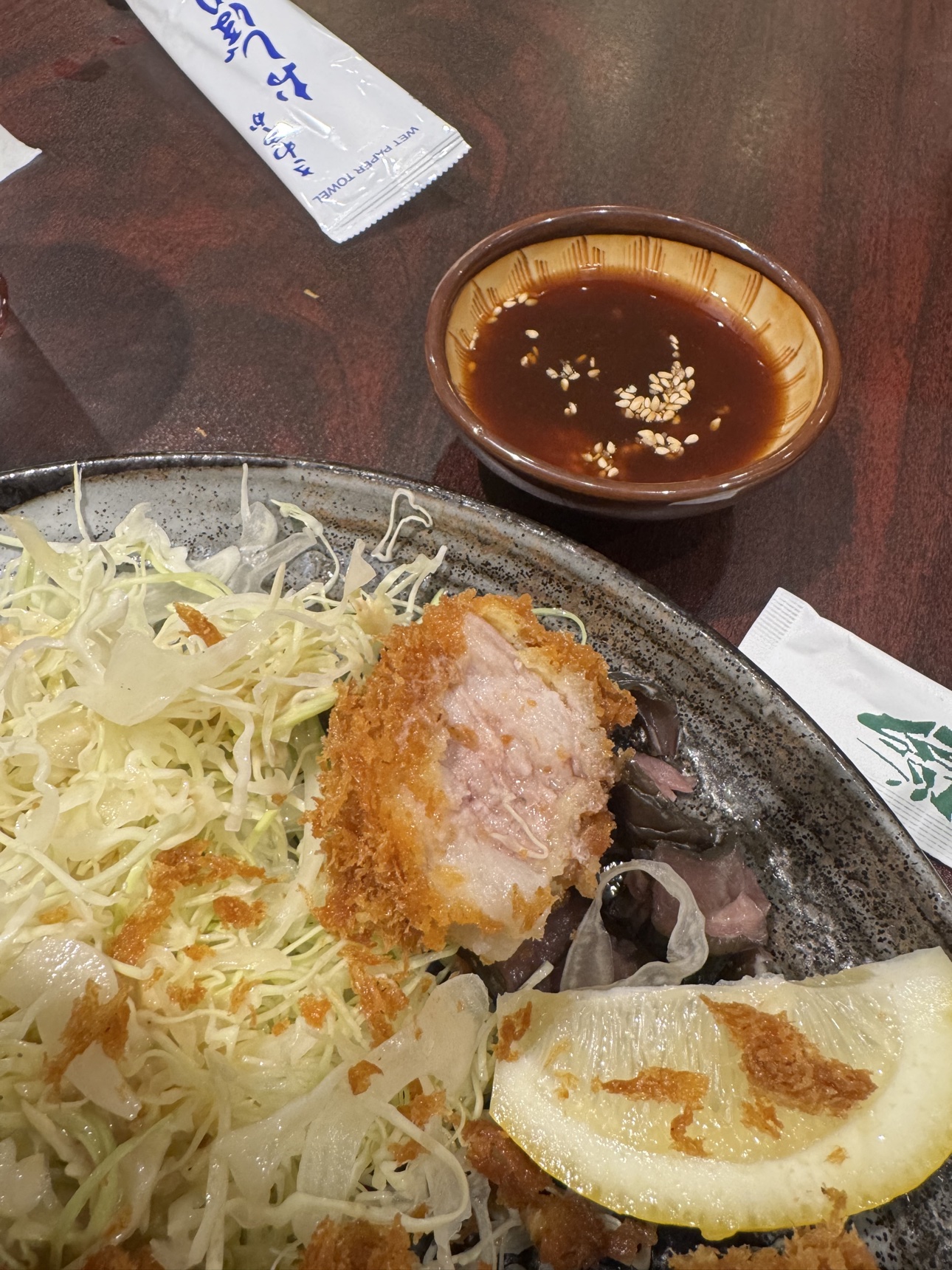 Close-up of the katsu cross-section showing tender, juicy pork inside a crisp panko crust, with tonkatsu sauce