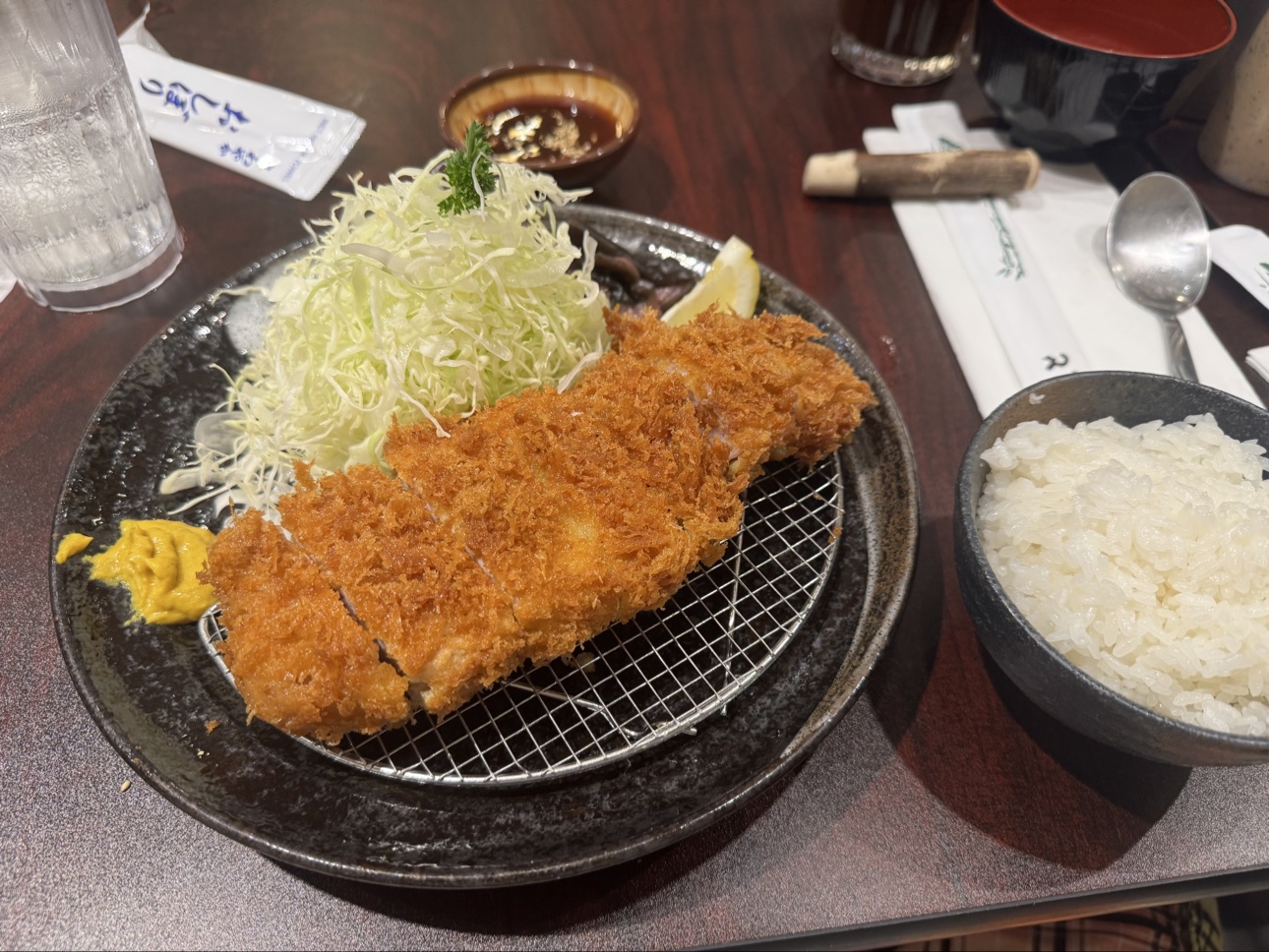 Kurobuta pork loin katsu set with rice, cabbage, and mustard
