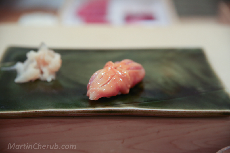 Akagai nigiri — pink, glossy, and plump