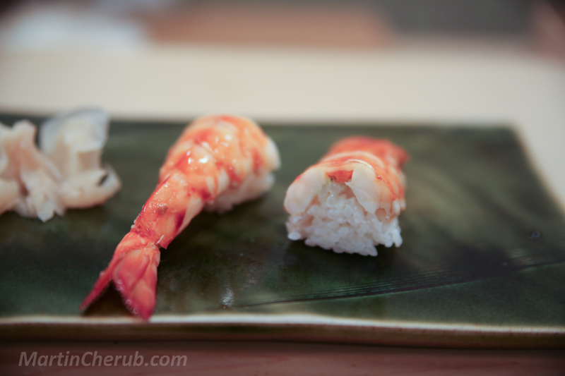 Kuruma ebi — butterflied tiger prawn nigiri, tail alongside