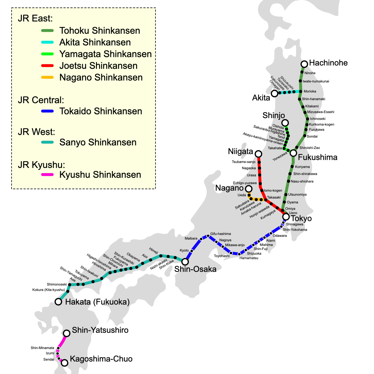 Map of the Shinkansen network across Japan, showing routes operated by JR East, JR Central, JR West, and JR Kyushu