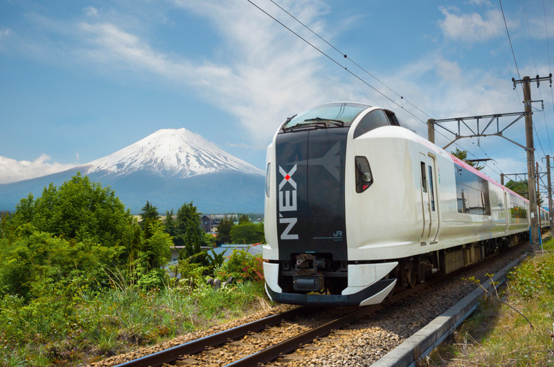 Narita Express (N'EX) train with Mt. Fuji in the background