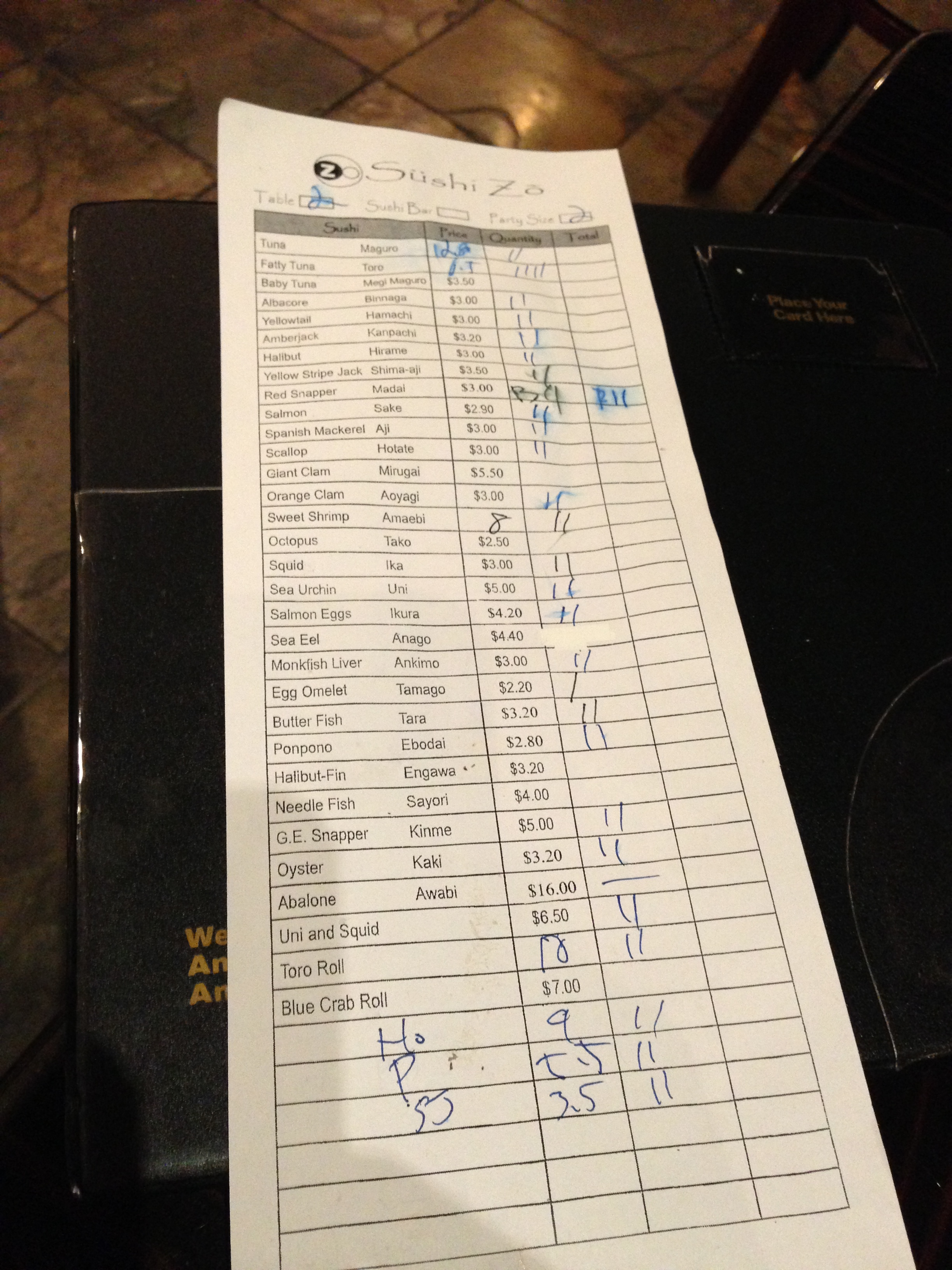 The omakase order sheet showing every piece served