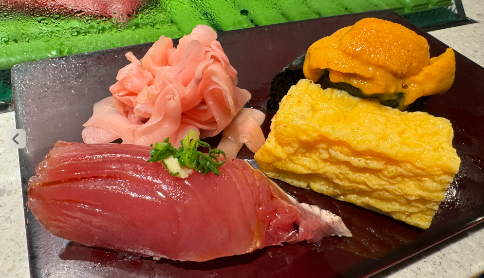 Tuna, uni, and tamagoyaki